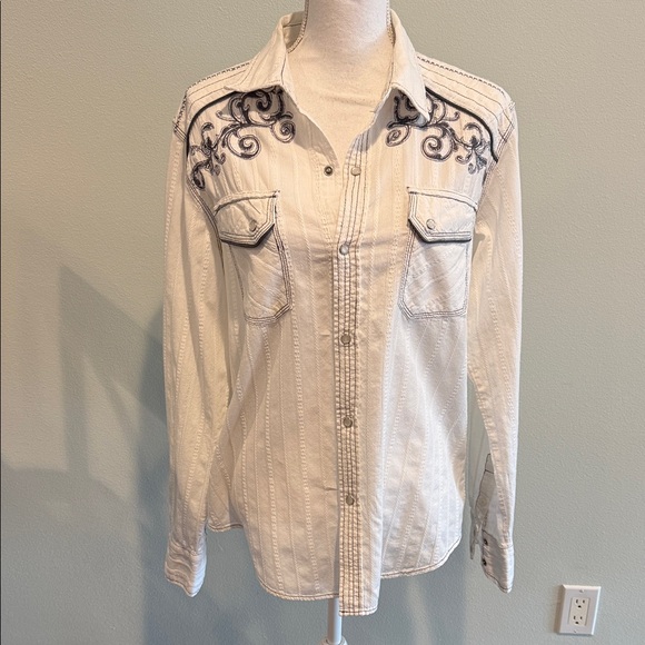 POP ICON CLOTHING Tops - Women’s white WESTERN Button-Up Shirt with Black Embroidery